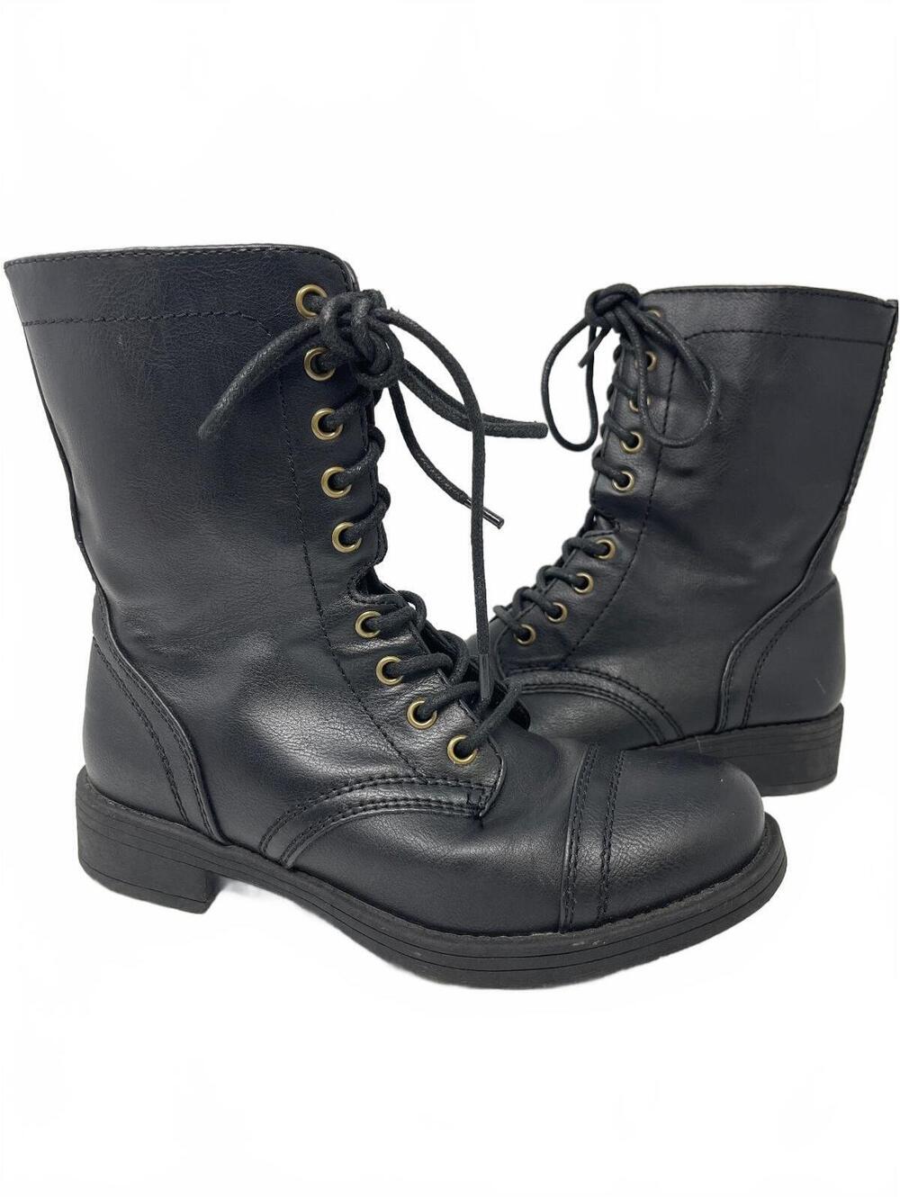 Brash Women's Black Combat Boots Lace Up Mid Calf Cap Toe Low Heel Casual